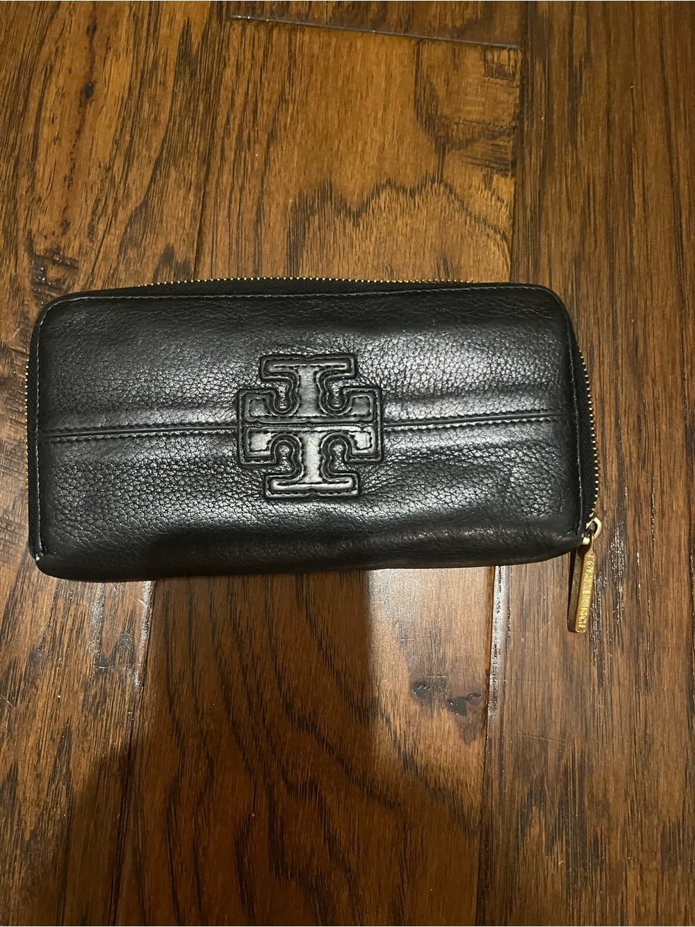 Tory Burch Black Leather Zip-Around Wallet with Embossed Logo